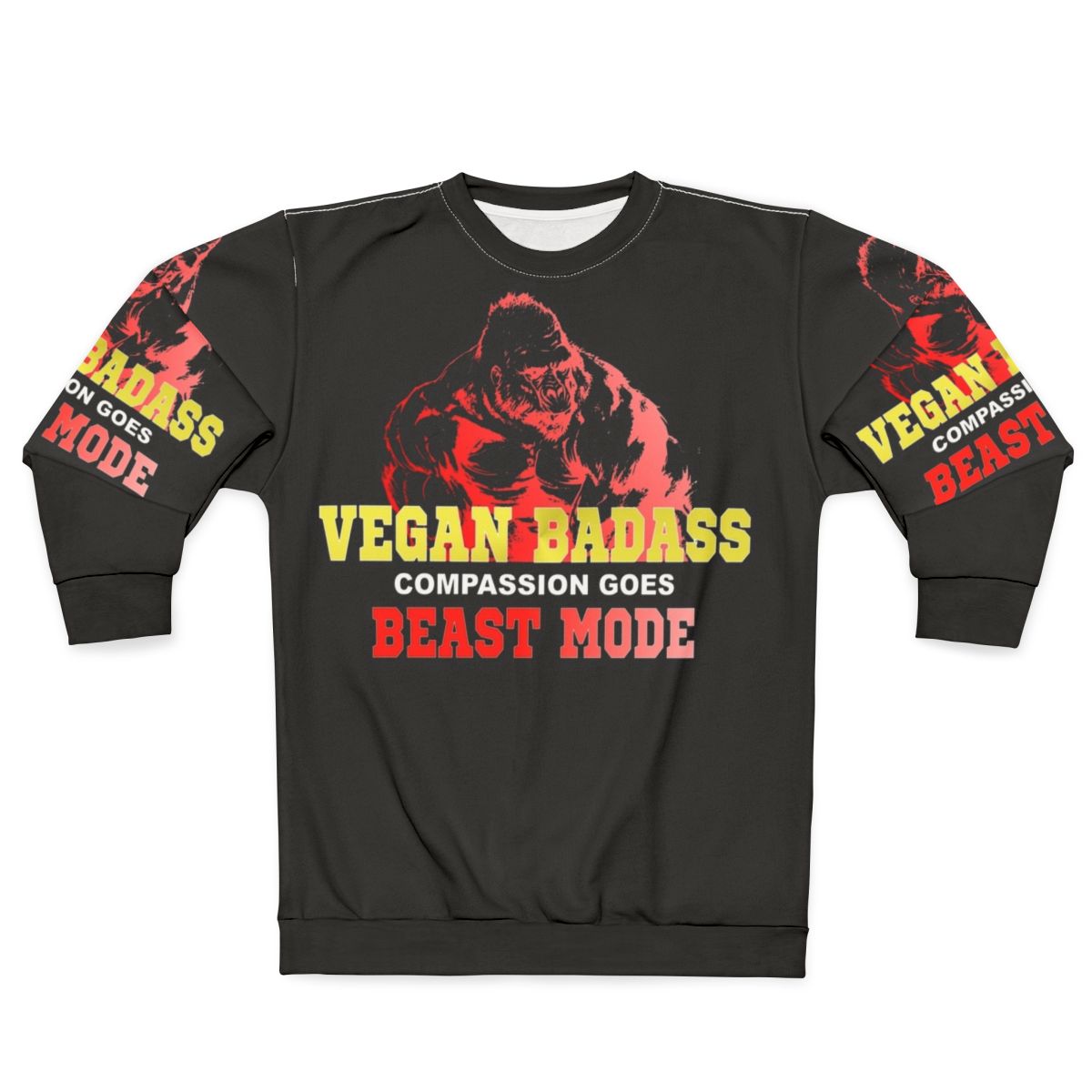 Vegan bodybuilder flexing muscles wearing sweatshirt