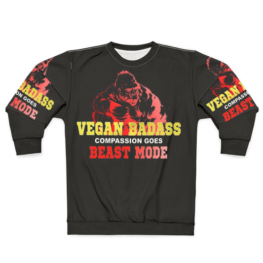 Vegan bodybuilder flexing muscles wearing sweatshirt