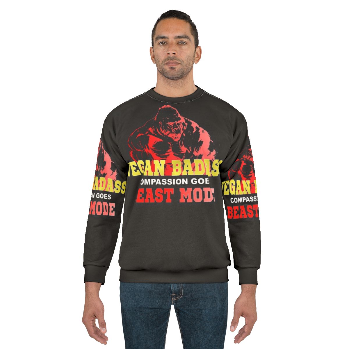 Vegan bodybuilder flexing muscles wearing sweatshirt
