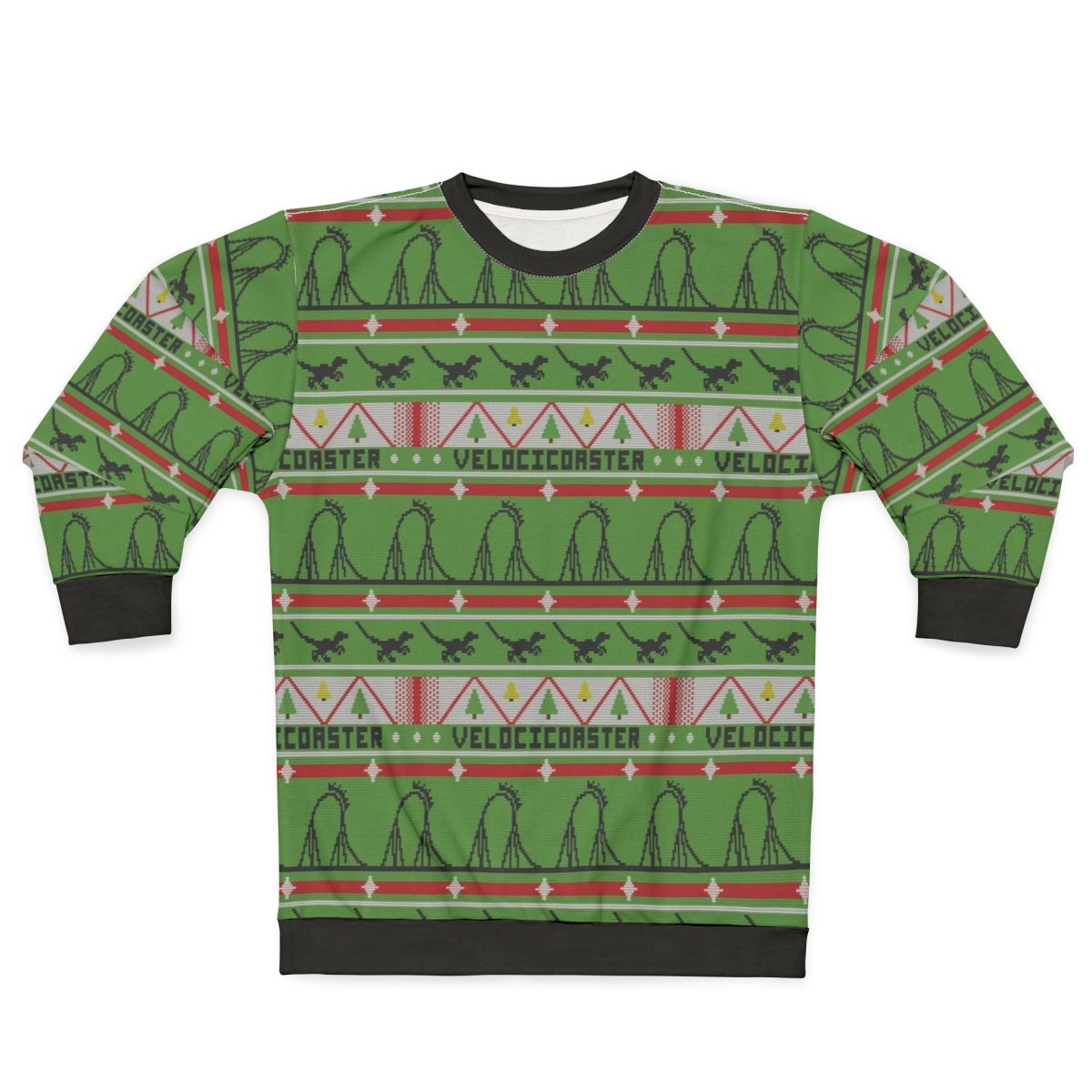 Velocicoaster Ugly Christmas Sweater Sweatshirt with Dinosaur and Roller Coaster Theme