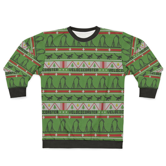 Velocicoaster Ugly Christmas Sweater Sweatshirt with Dinosaur and Roller Coaster Theme