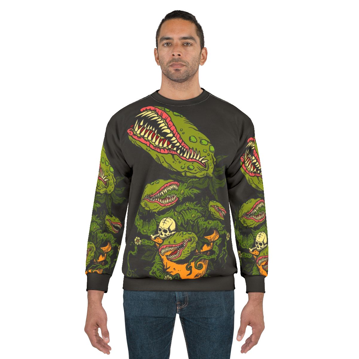 Venus fly trap sweatshirt with skull and leaves design