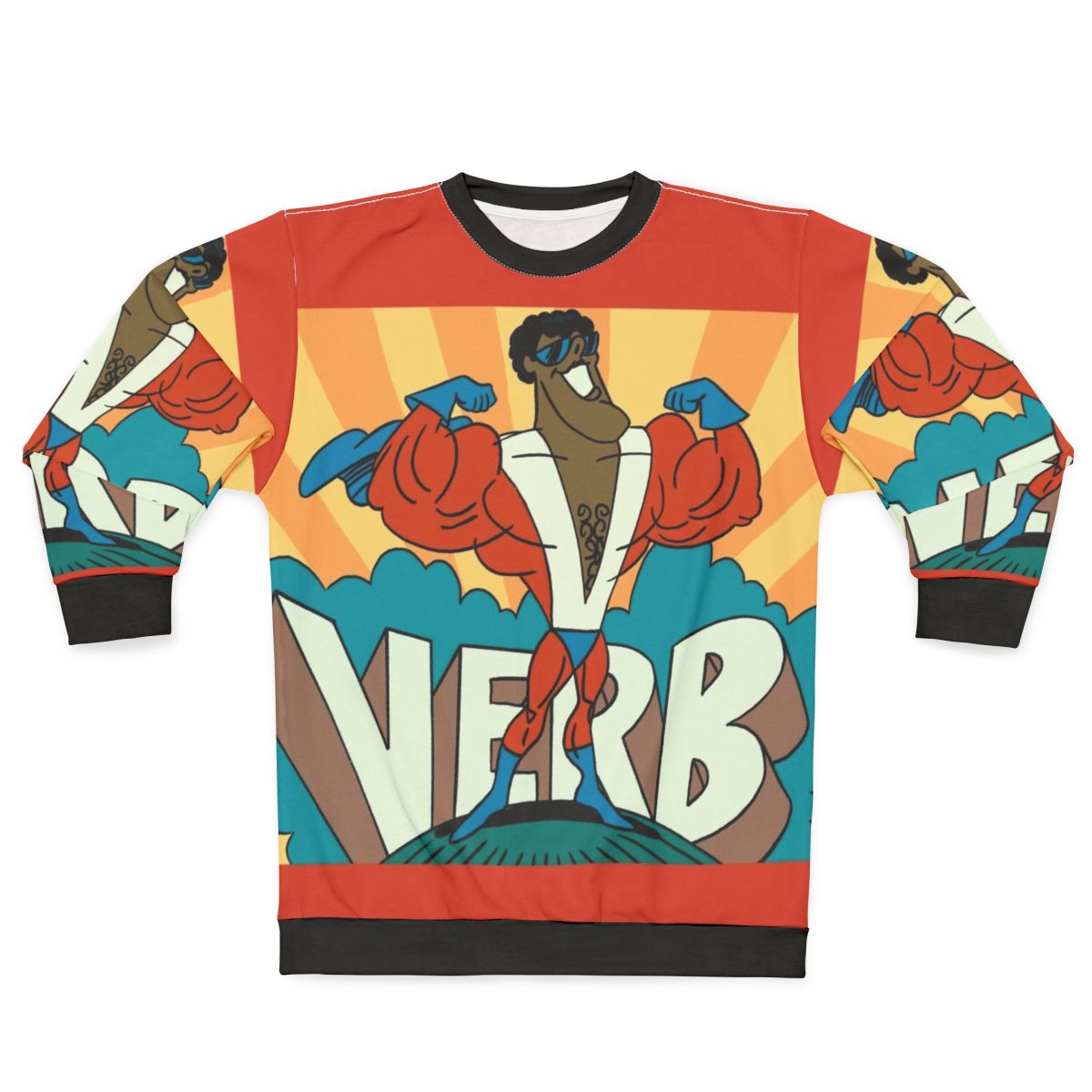 Retro verb sweatshirt with 1970s cartoon graphics