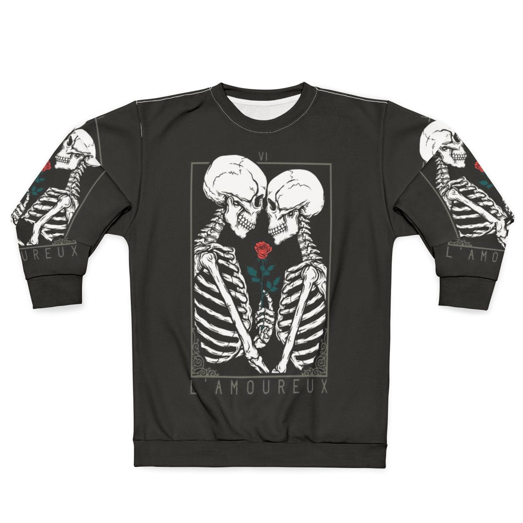 Lovers Tarot Gothic Sweatshirt with couple, skull and rose imagery