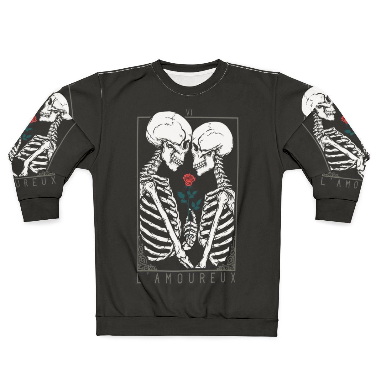 Lovers Tarot Gothic Sweatshirt with couple, skull and rose imagery