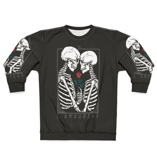 Lovers Tarot Gothic Sweatshirt with couple, skull and rose imagery