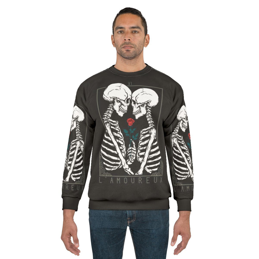 Lovers Tarot Gothic Sweatshirt with couple, skull and rose imagery