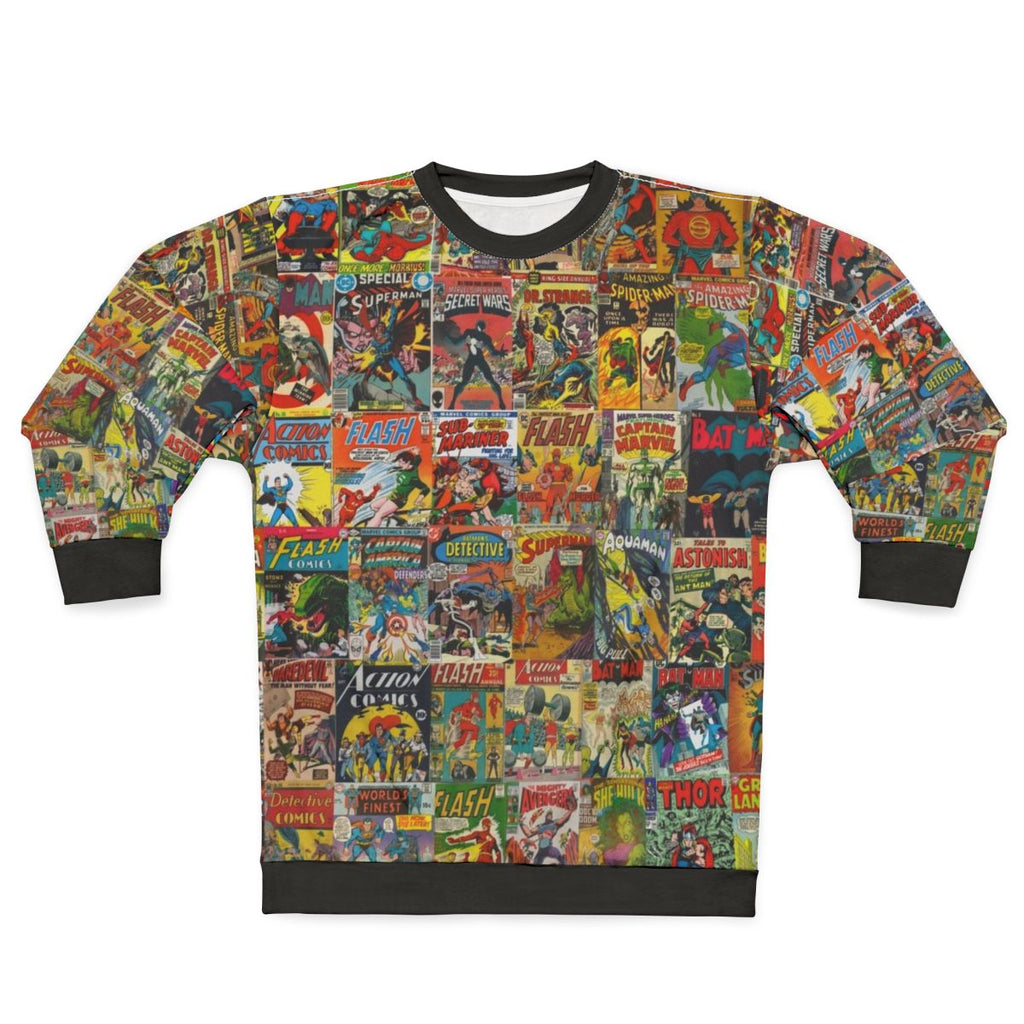 Vintage comic book pattern sweatshirt with superhero design