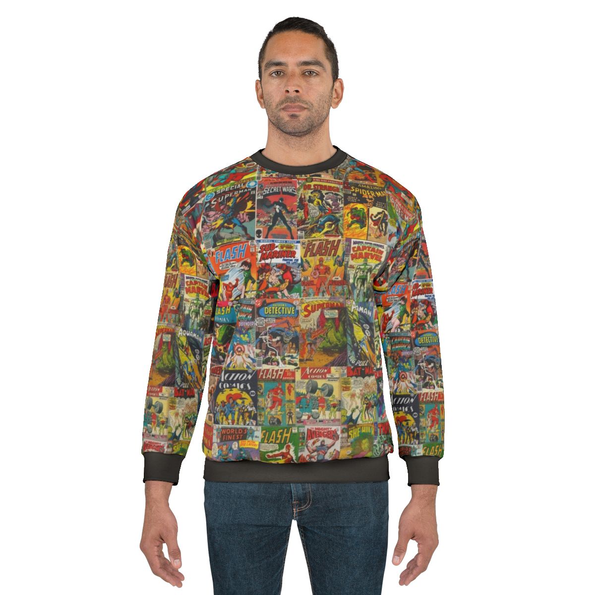 Vintage comic book pattern sweatshirt with superhero design