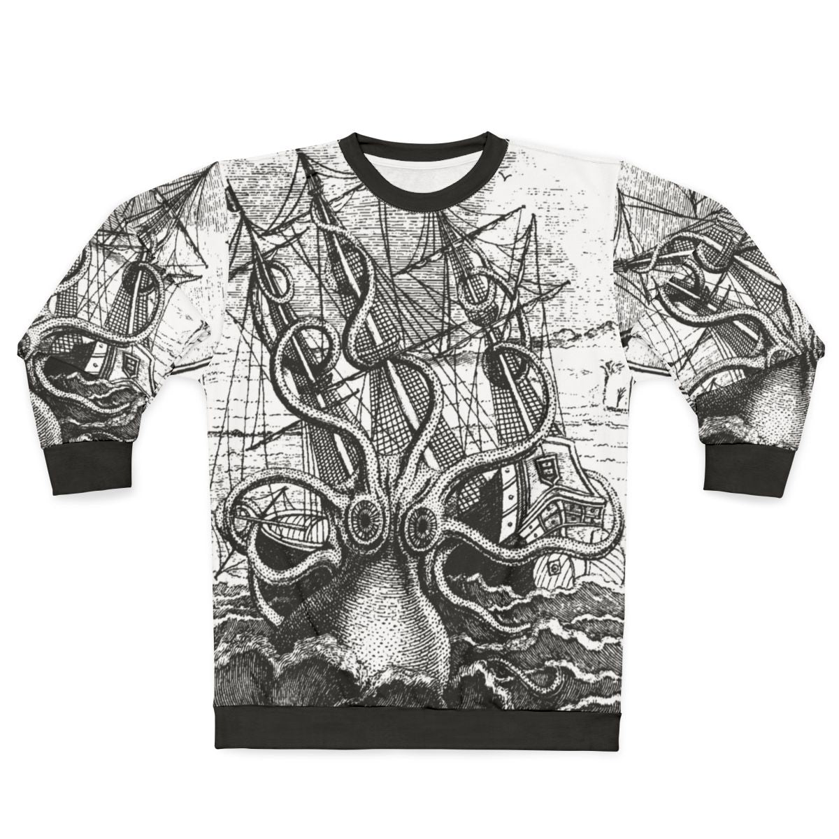 Vintage illustration of the legendary kraken sea monster attacking a ship on a sweatshirt