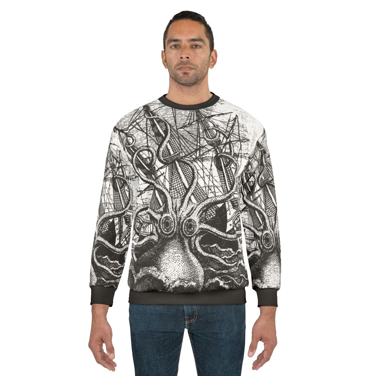 Vintage illustration of the legendary kraken sea monster attacking a ship on a sweatshirt