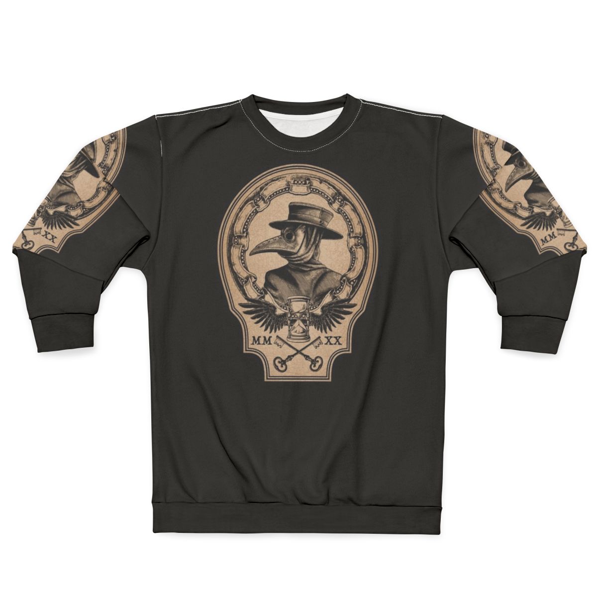 Vintage plague doctor gothic sweatshirt with raven, hourglass, and roman numerals