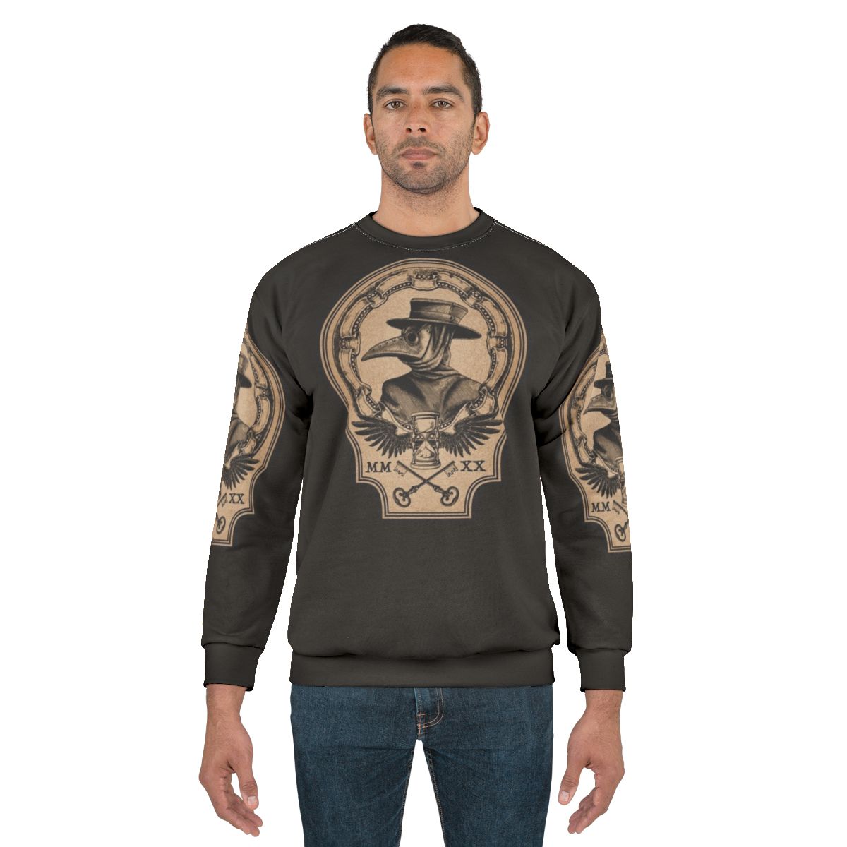 Vintage plague doctor gothic sweatshirt with raven, hourglass, and roman numerals