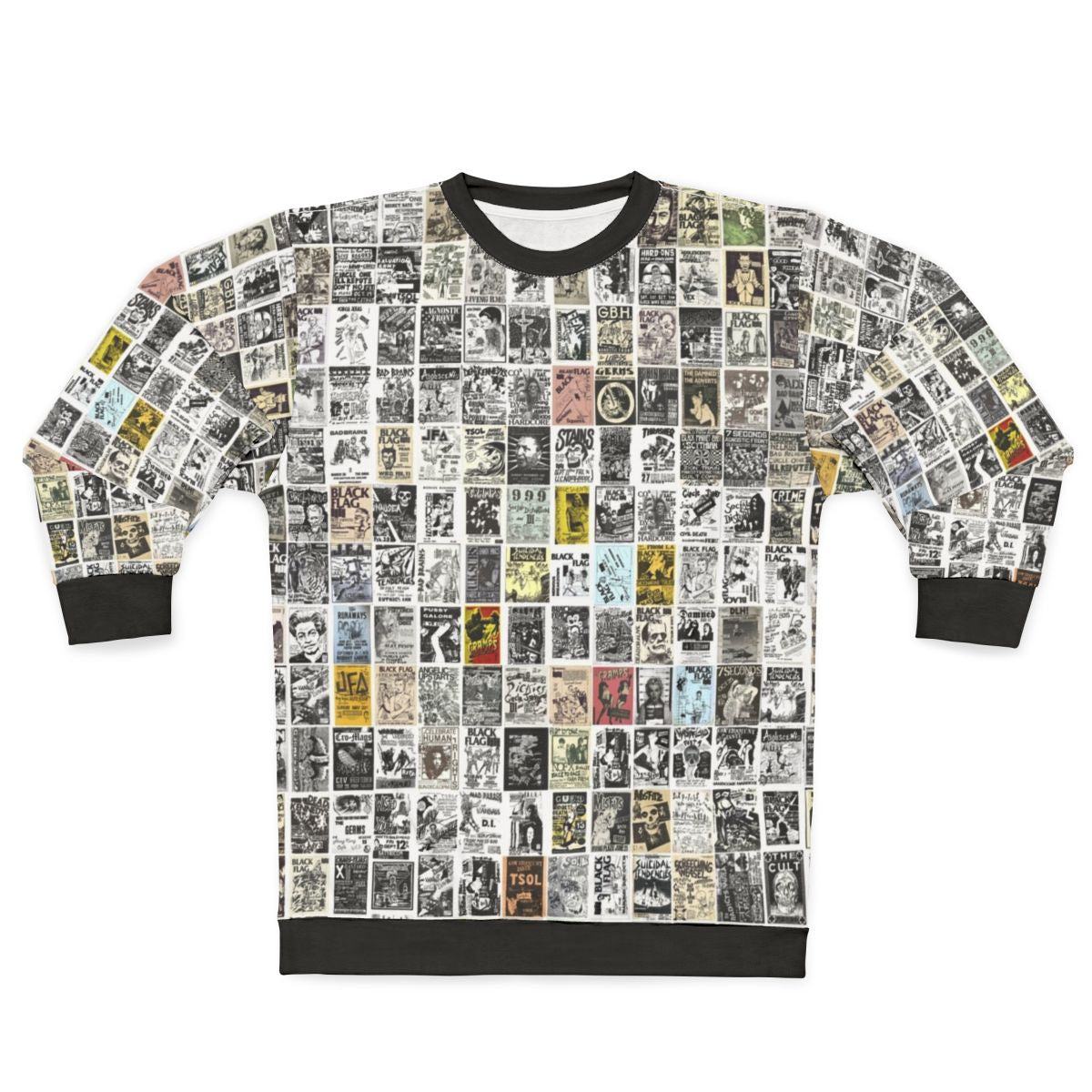Vintage punk rock sweatshirt with authentic 1980s punk band flyers