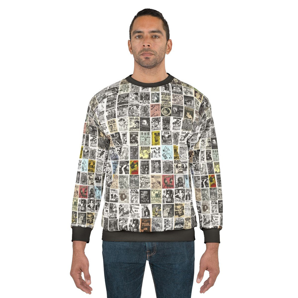 Vintage punk rock sweatshirt with authentic 1980s punk band flyers