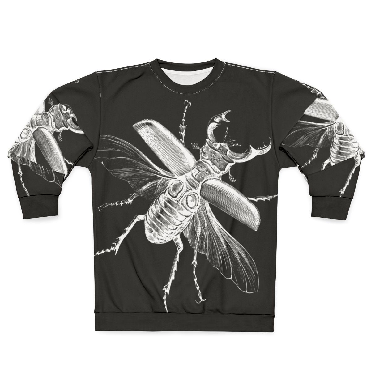 Vintage engraved stag beetle graphic on black sweatshirt