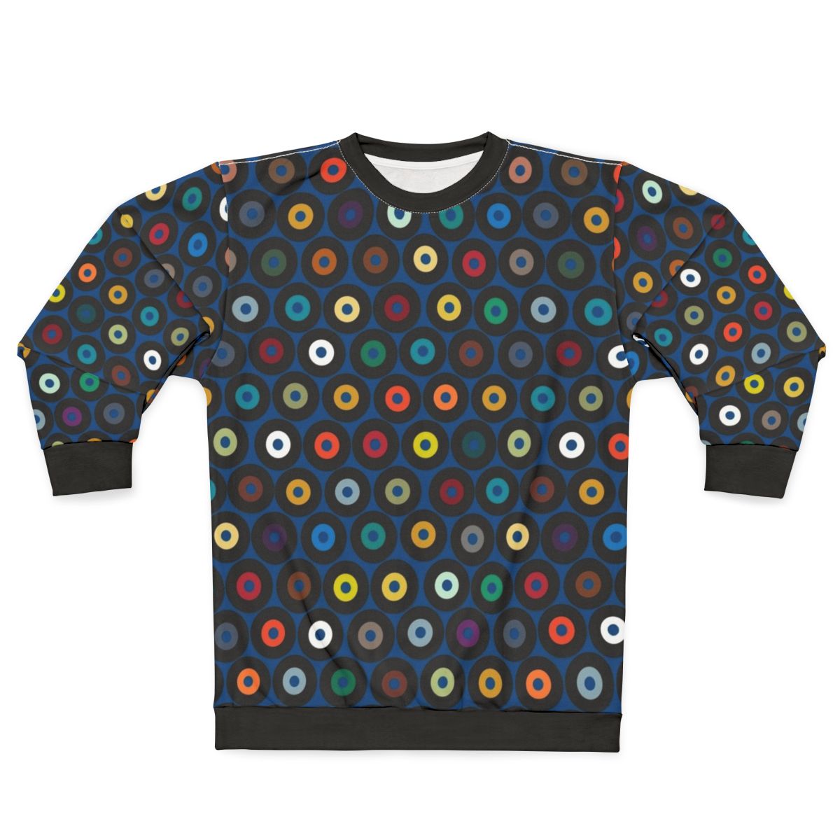 Vintage blue vinyl sweatshirt with retro graphic and polka dot pattern