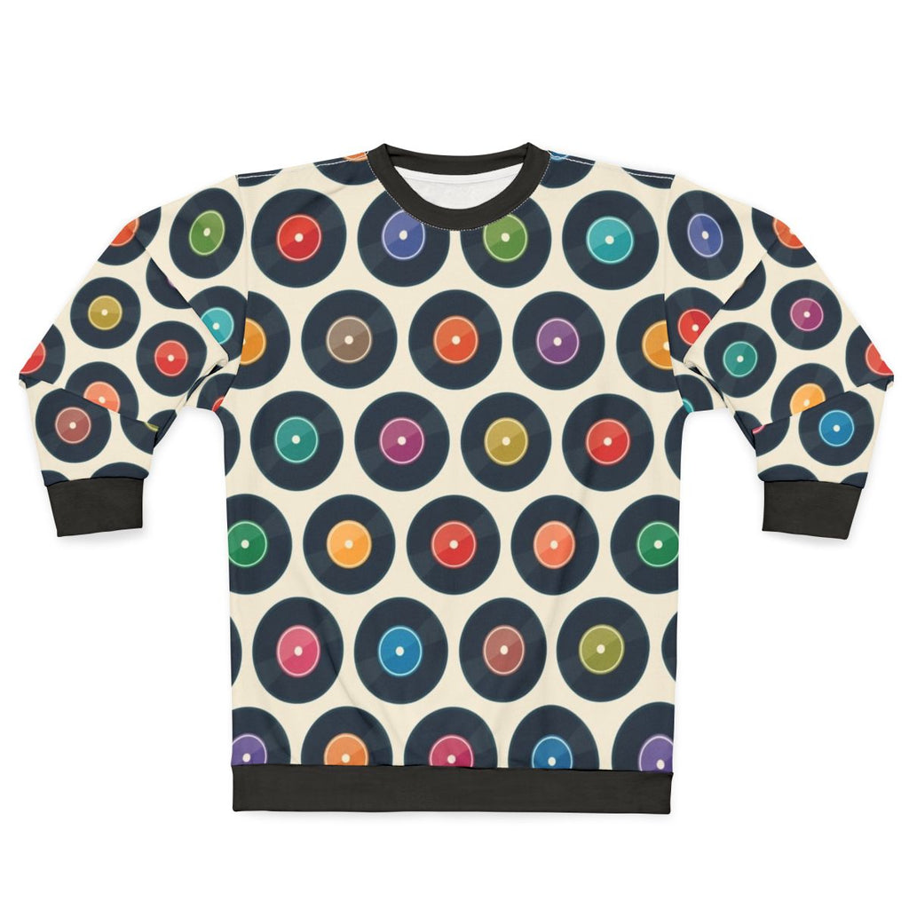 Vintage-style sweatshirt featuring a collection of classic vinyl records