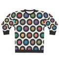 Vintage-style sweatshirt featuring a collection of classic vinyl records