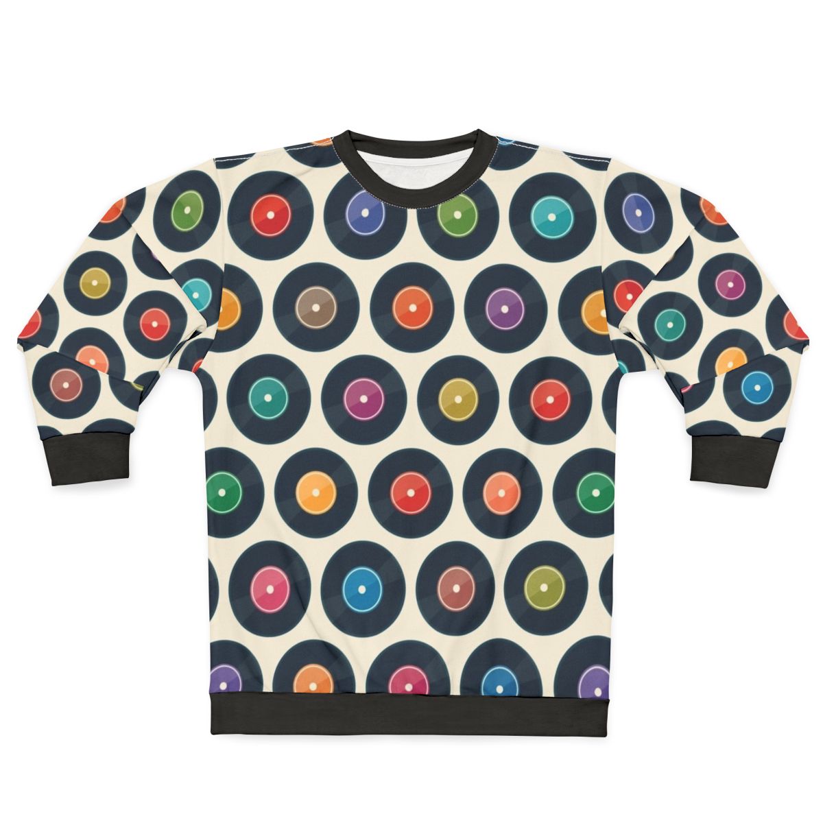 Vintage-style sweatshirt featuring a collection of classic vinyl records