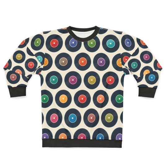 Vintage-style sweatshirt featuring a collection of classic vinyl records