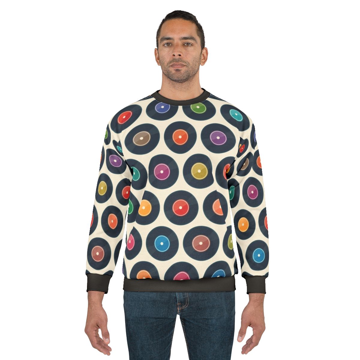 Vintage-style sweatshirt featuring a collection of classic vinyl records