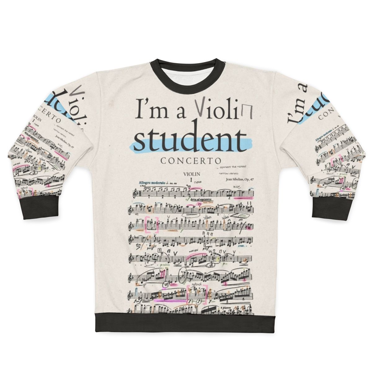 Violin student sweatshirt with classical music notes and design