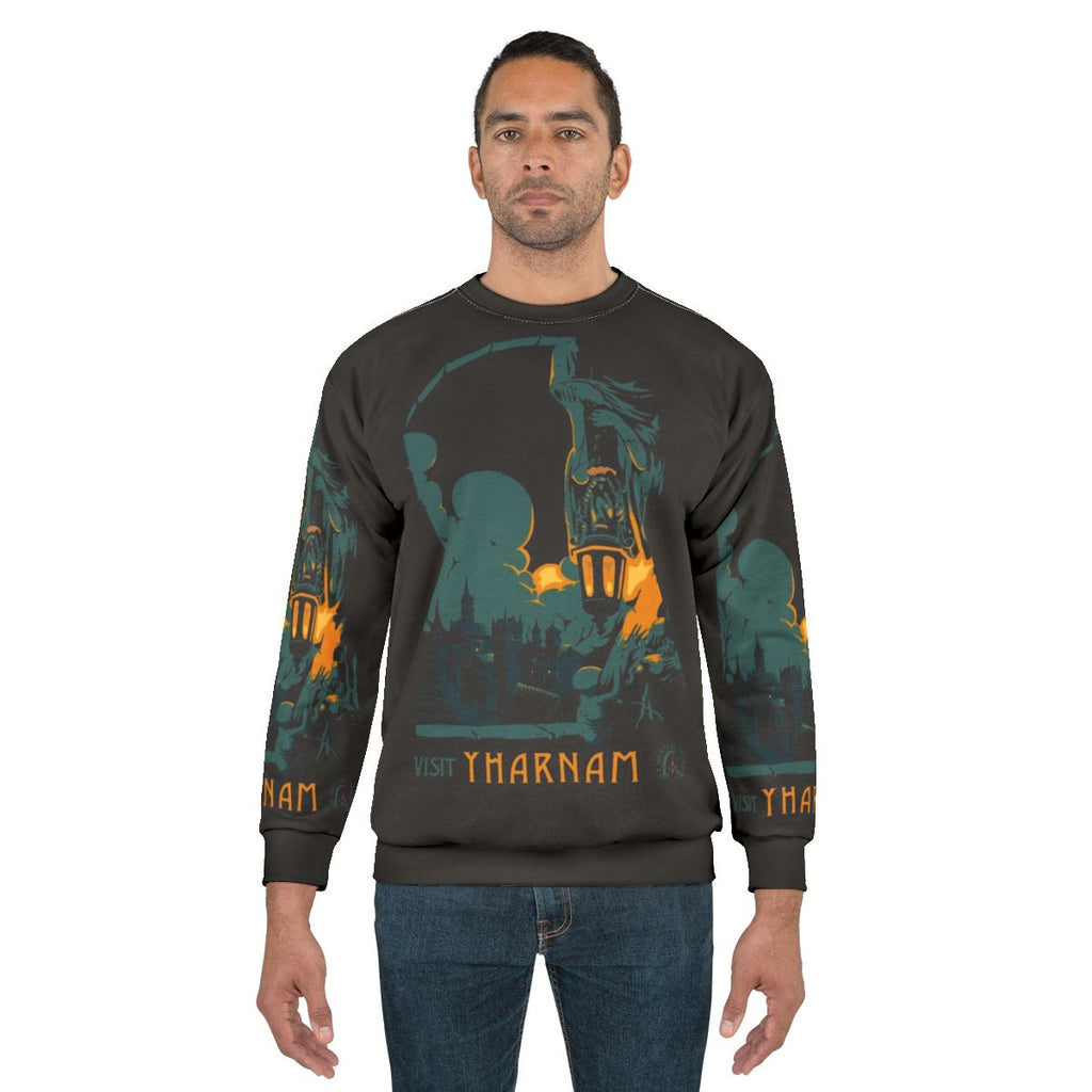 Bloodborne-inspired Yharnam adventure travel sweatshirt