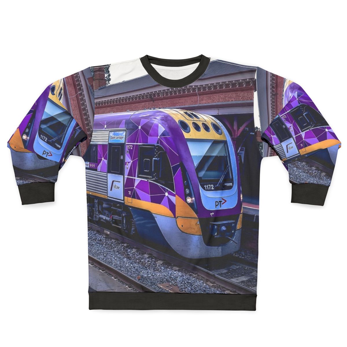 Vline train sweatshirt with Castlemaine station design
