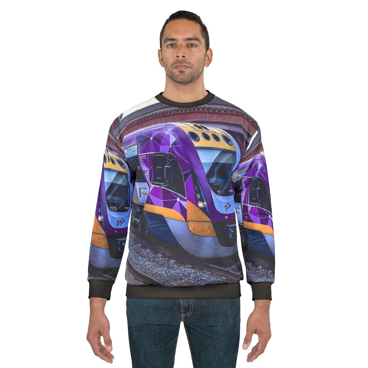Vline train sweatshirt with Castlemaine station design