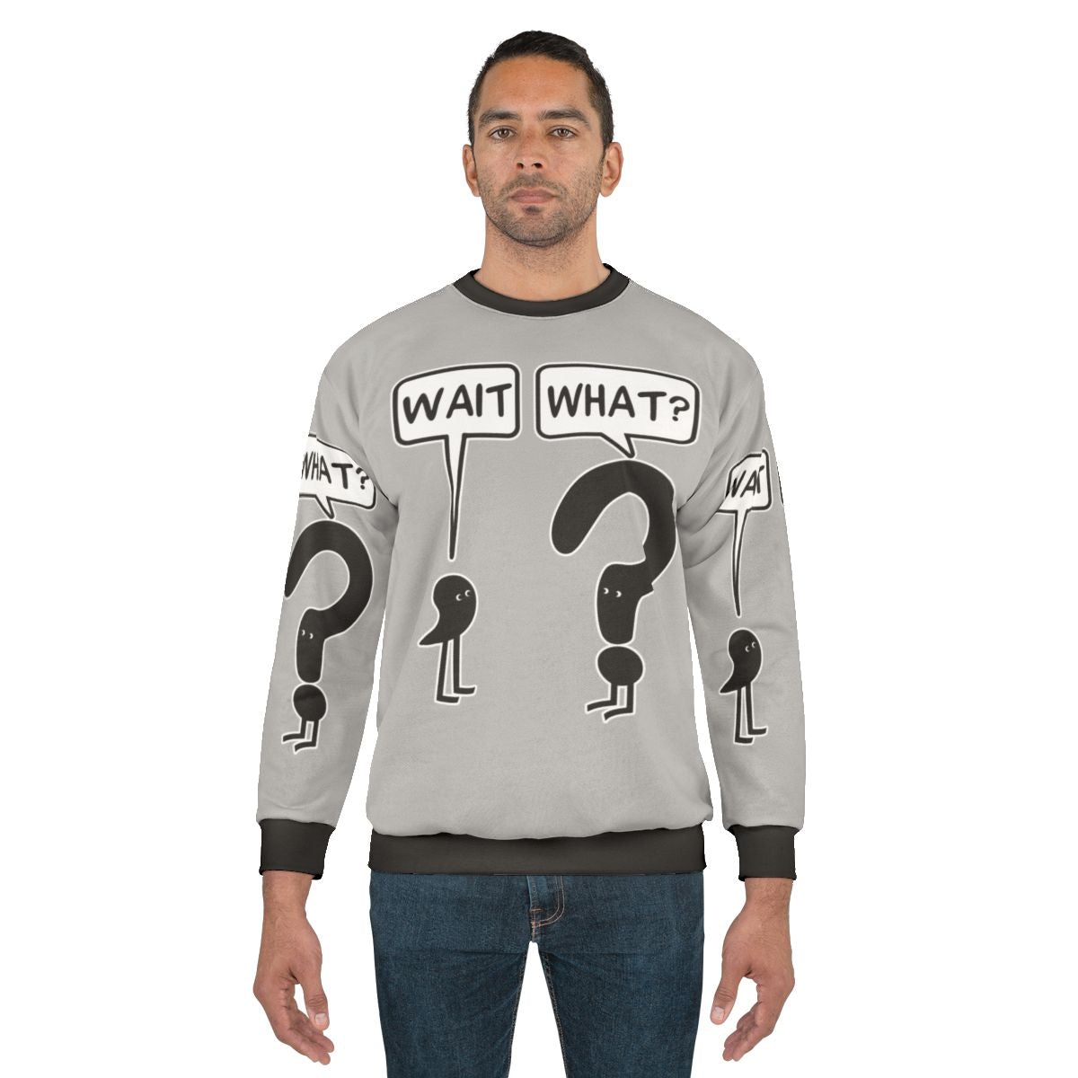 "Wait What" funny sweatshirt with text and illustration