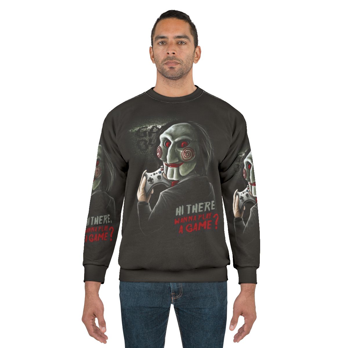 "Wanna Play a Game?" Saw-inspired gamer sweatshirt