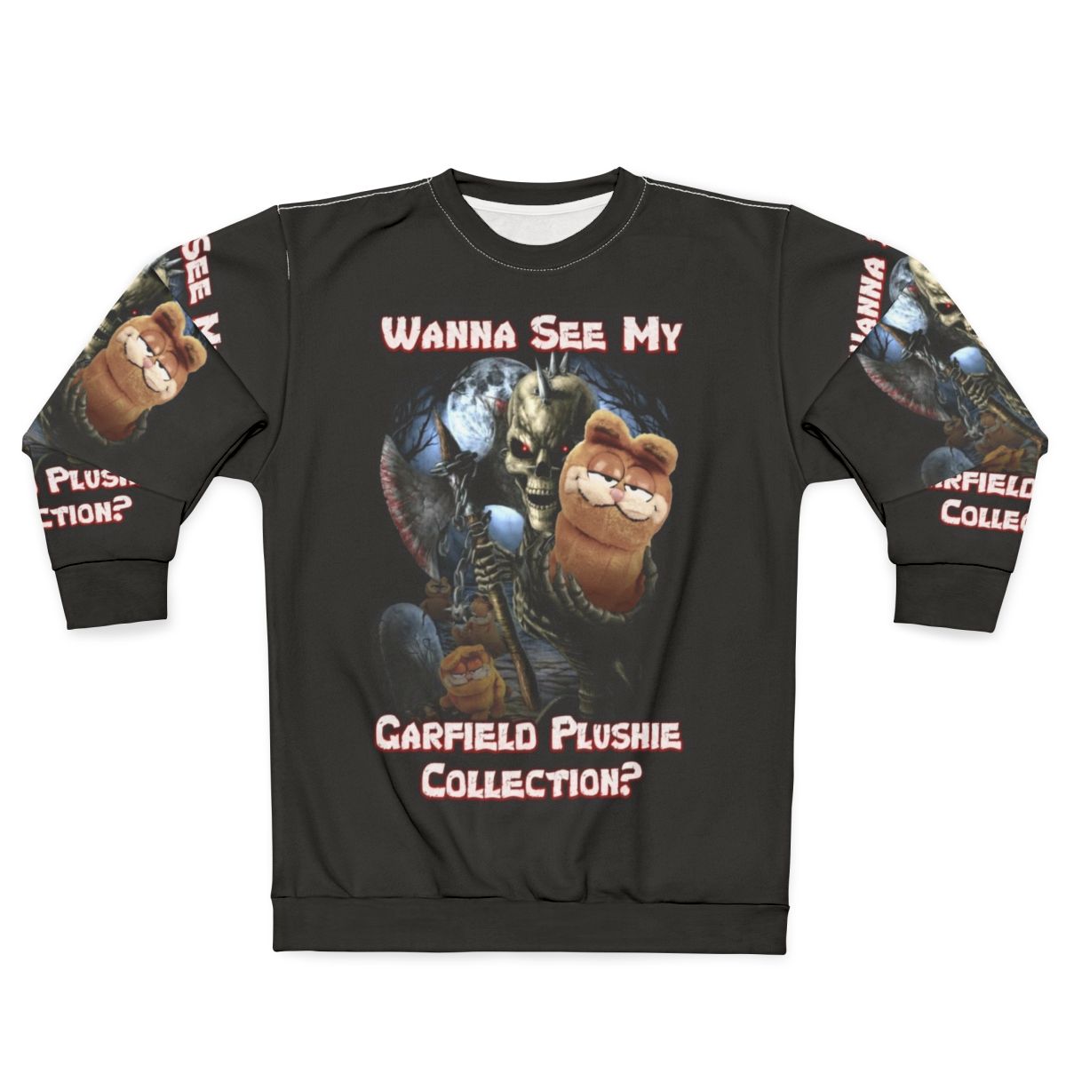Garfield plushie inspired sweatshirt with a quirky, meme-worthy design