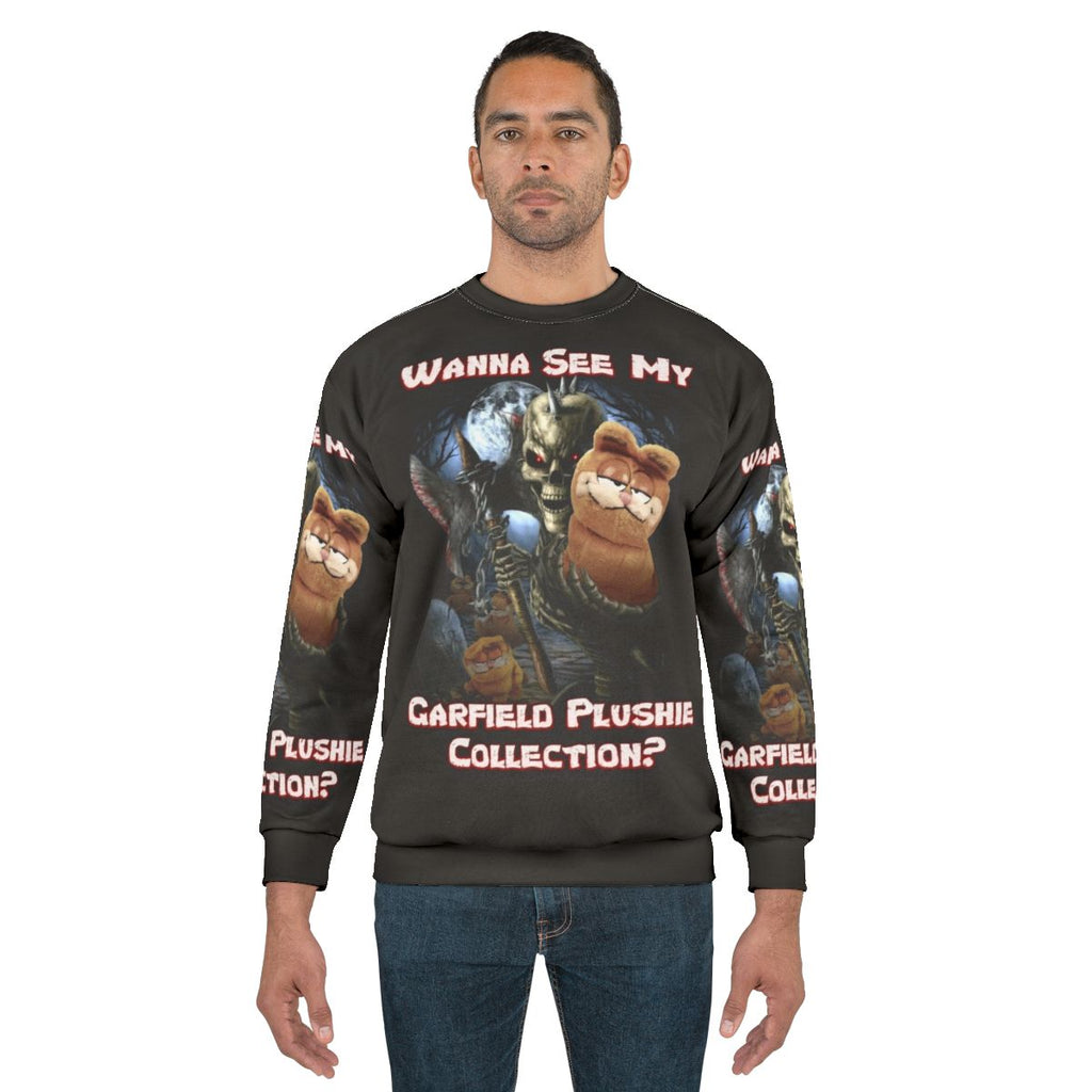 Garfield plushie inspired sweatshirt with a quirky, meme-worthy design