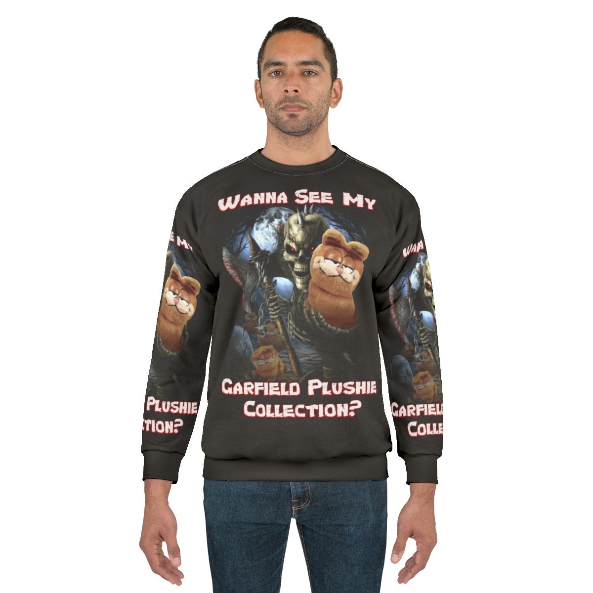 Garfield plushie inspired sweatshirt with a quirky, meme-worthy design