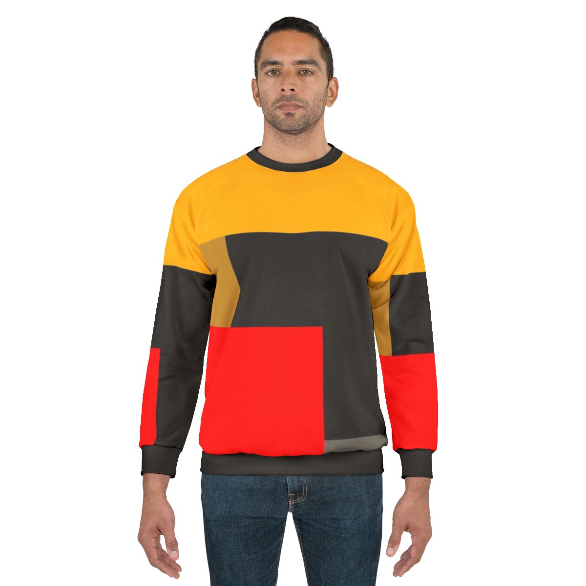 Warm and stylish Bauhaus-inspired sweatshirt with geometric color block design