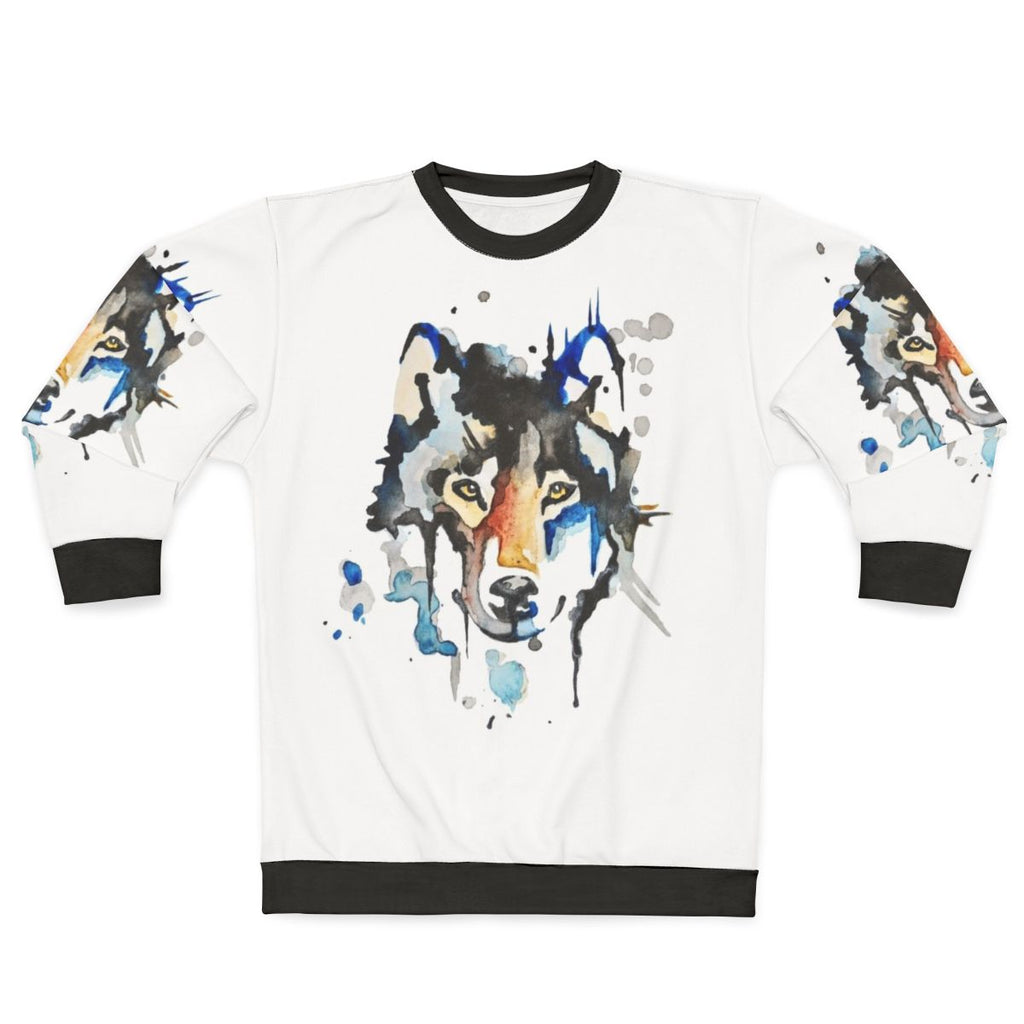Watercolor wolf design on a sweatshirt