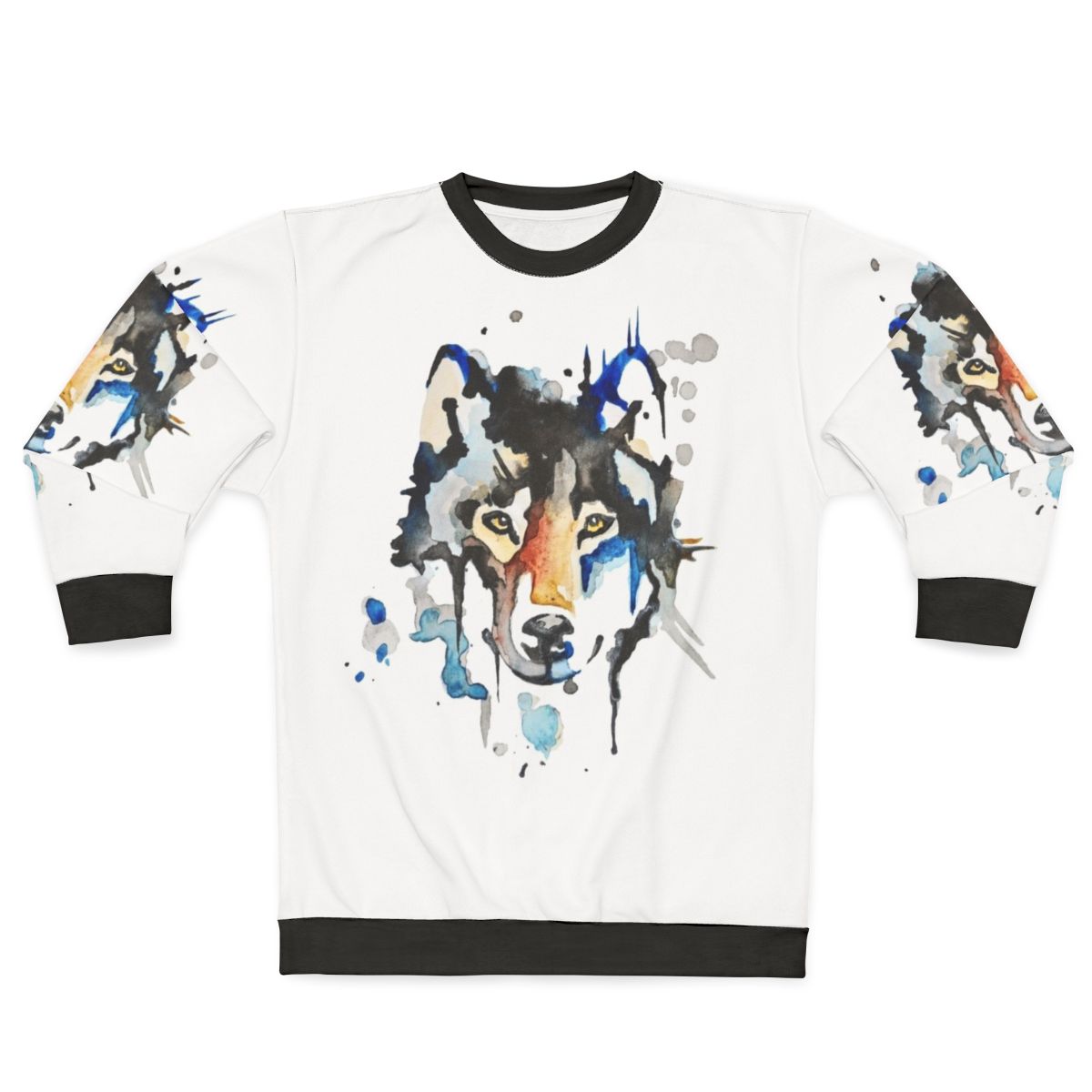 Watercolor wolf design on a sweatshirt