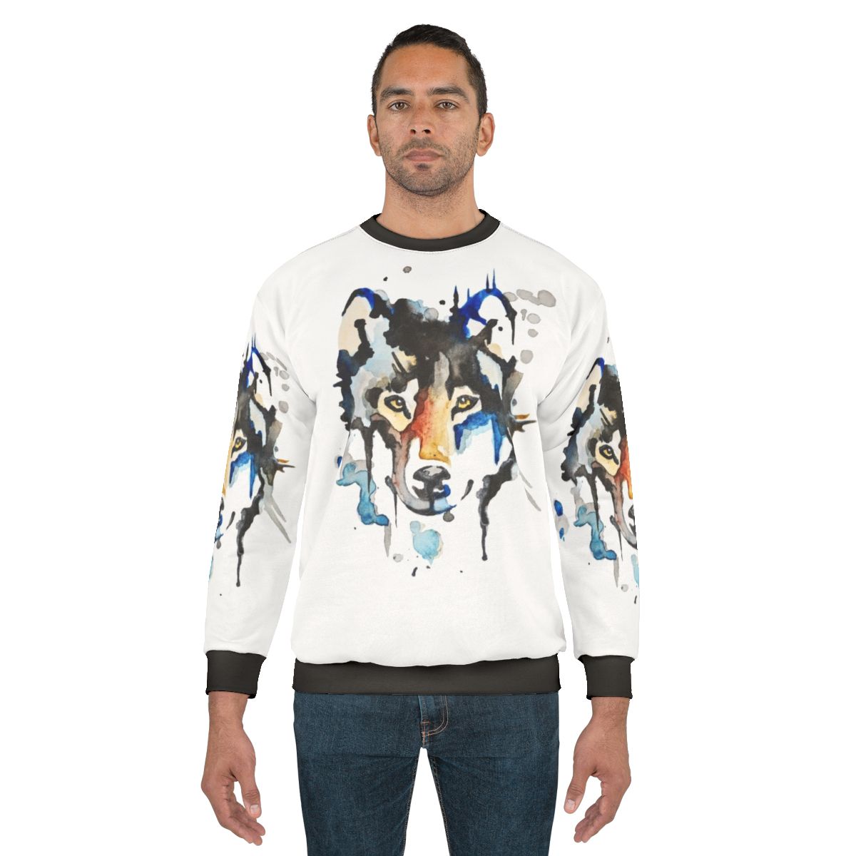 Watercolor wolf design on a sweatshirt