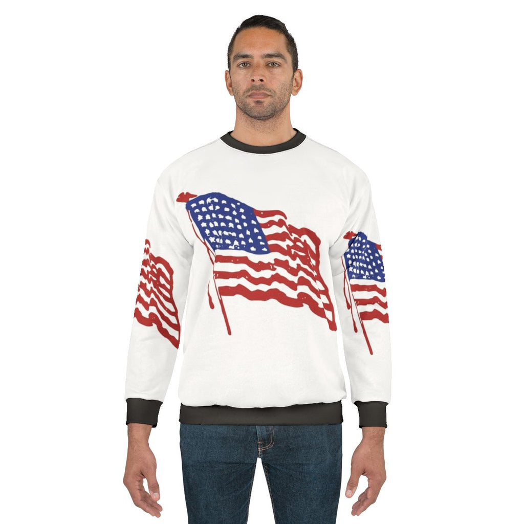 Patriotic American flag sweatshirt with vintage stars and stripes design