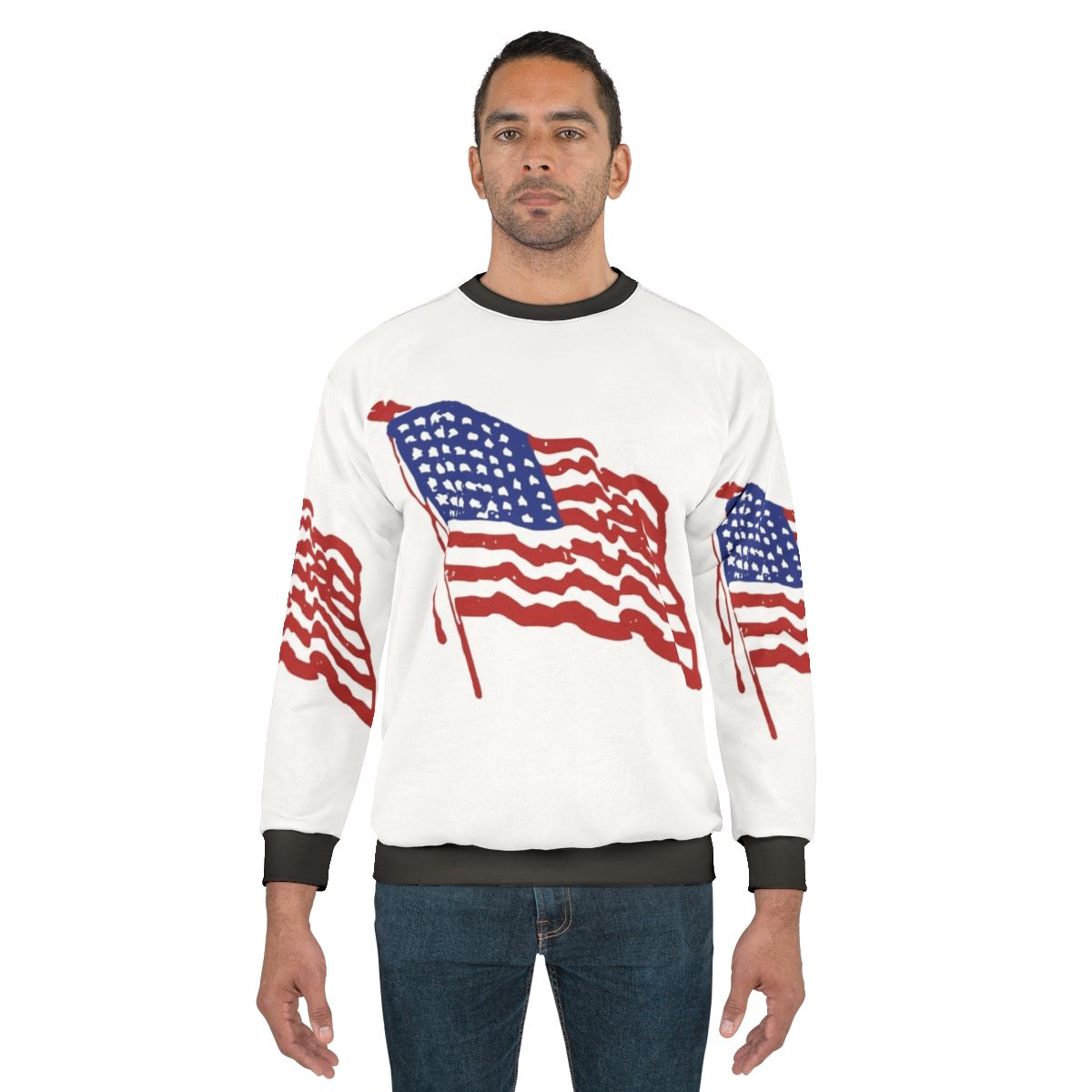 Patriotic American flag sweatshirt with vintage stars and stripes design