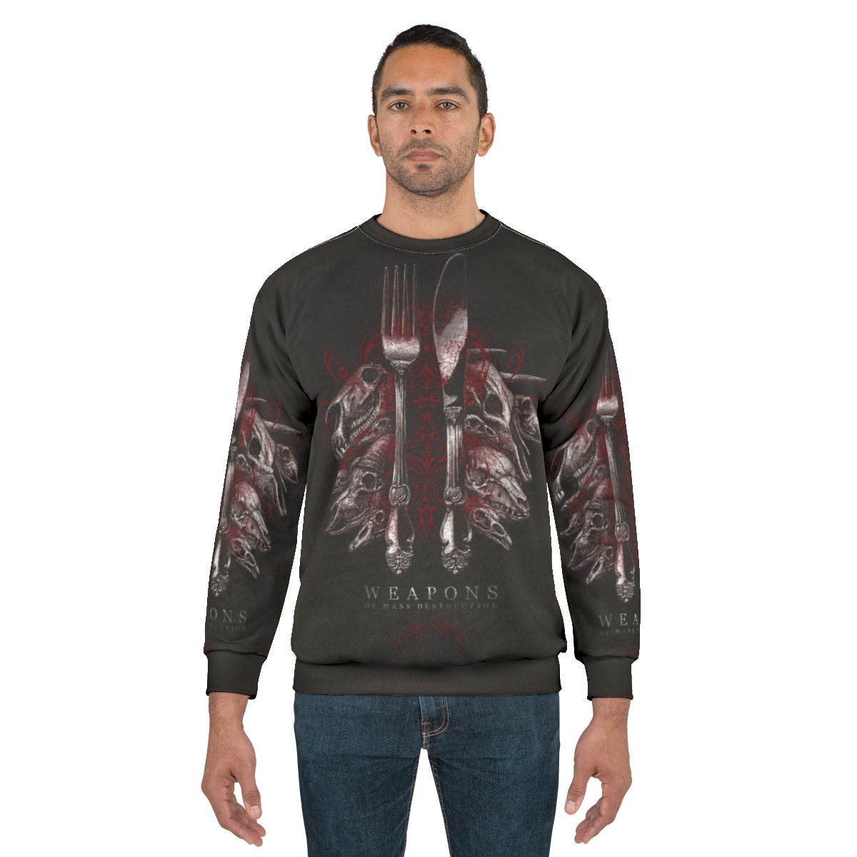 Weapons of Mass Destruction Sweatshirt with Skull Cutlery Design