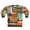 Vintage-inspired "Welcome Back" sweatshirt with collage art design