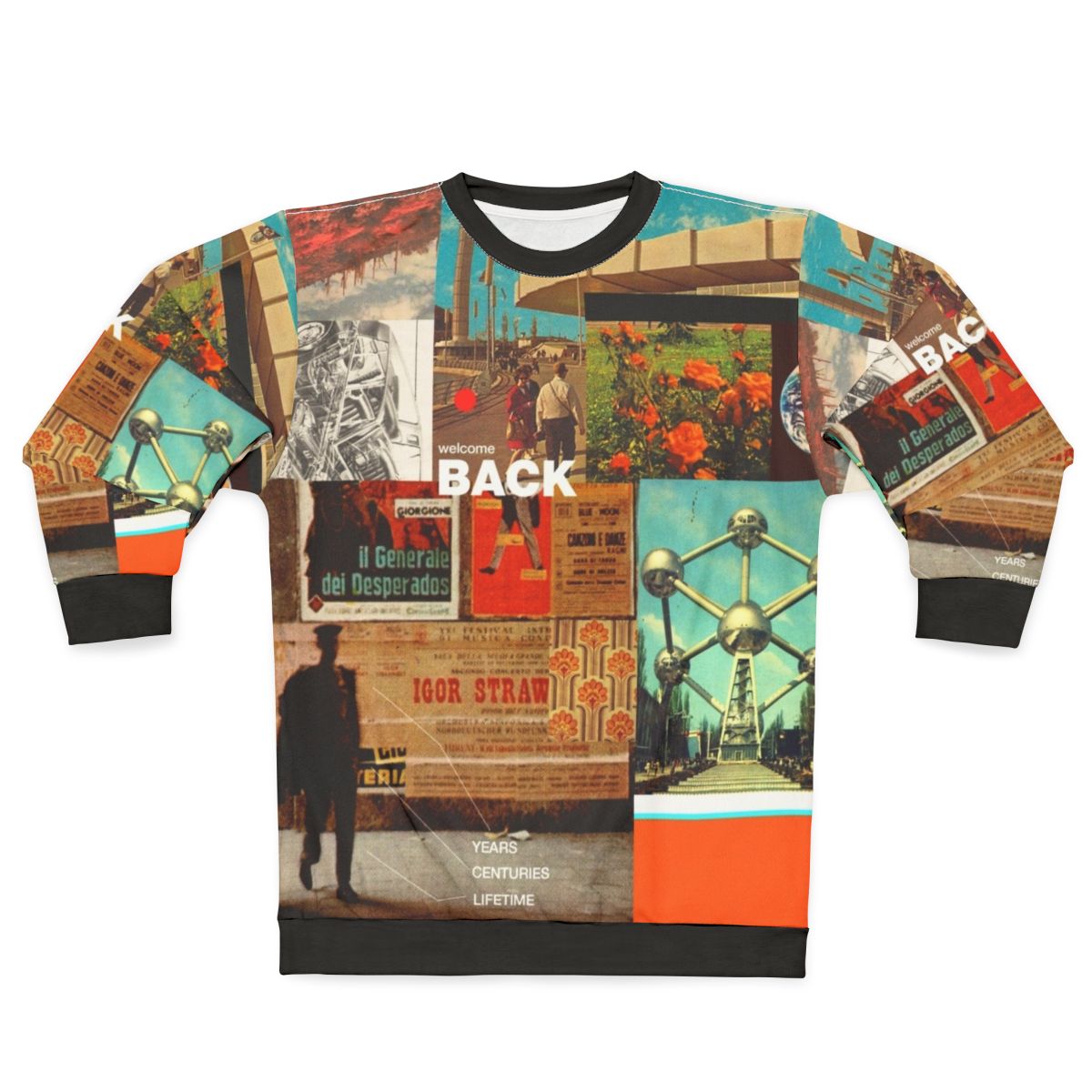 Vintage-inspired "Welcome Back" sweatshirt with collage art design