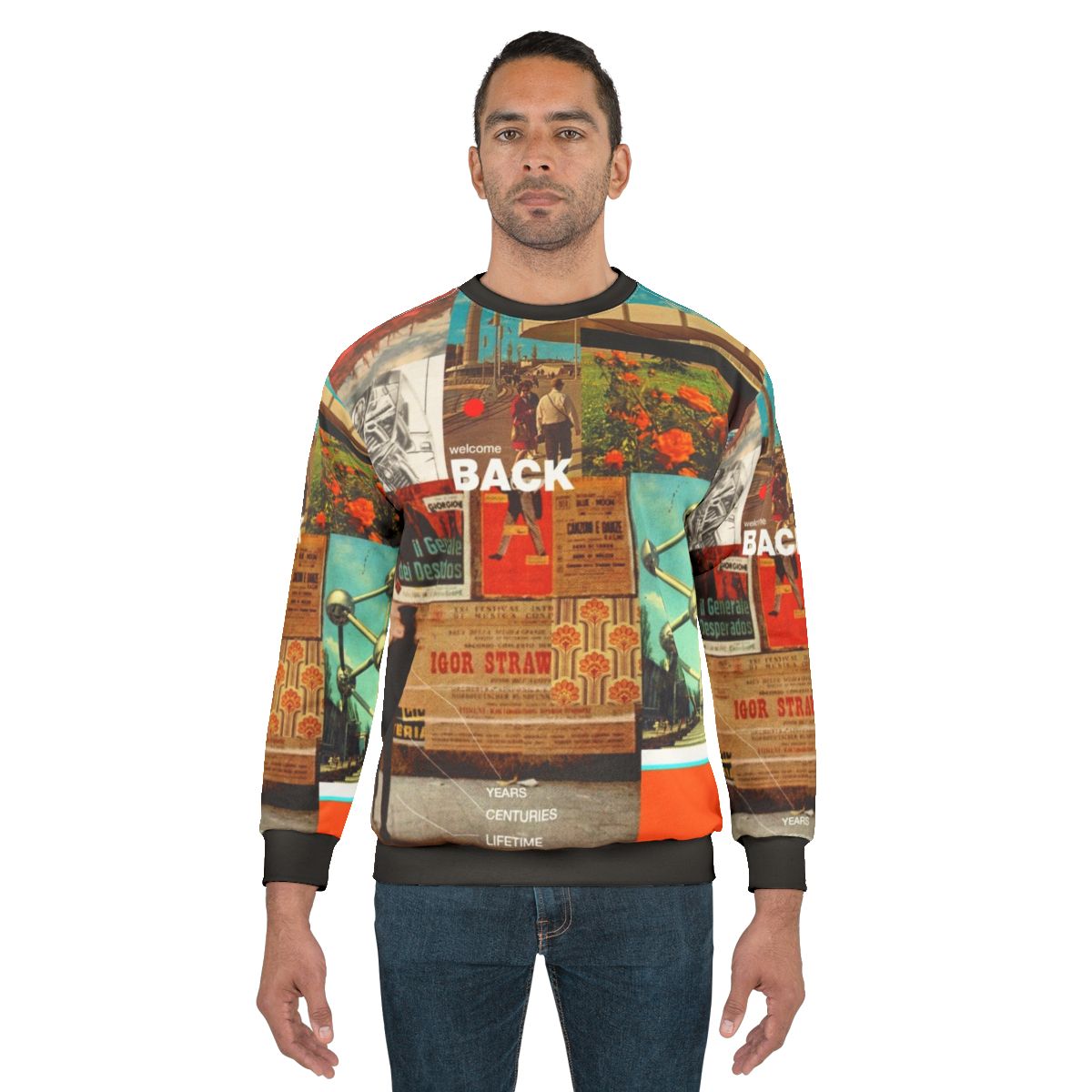 Vintage-inspired "Welcome Back" sweatshirt with collage art design