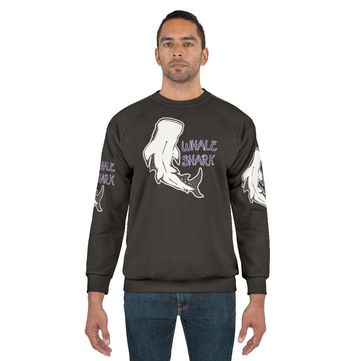 Whale shark graphic on a cozy blue and purple sweatshirt