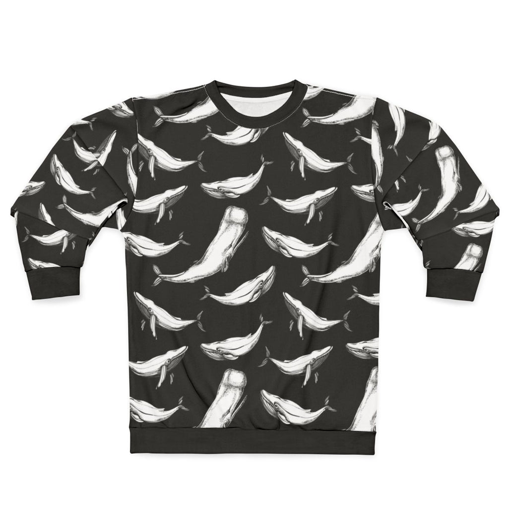 Whales in Black Sweatshirt - Seamless Whale Pattern Graphic Apparel