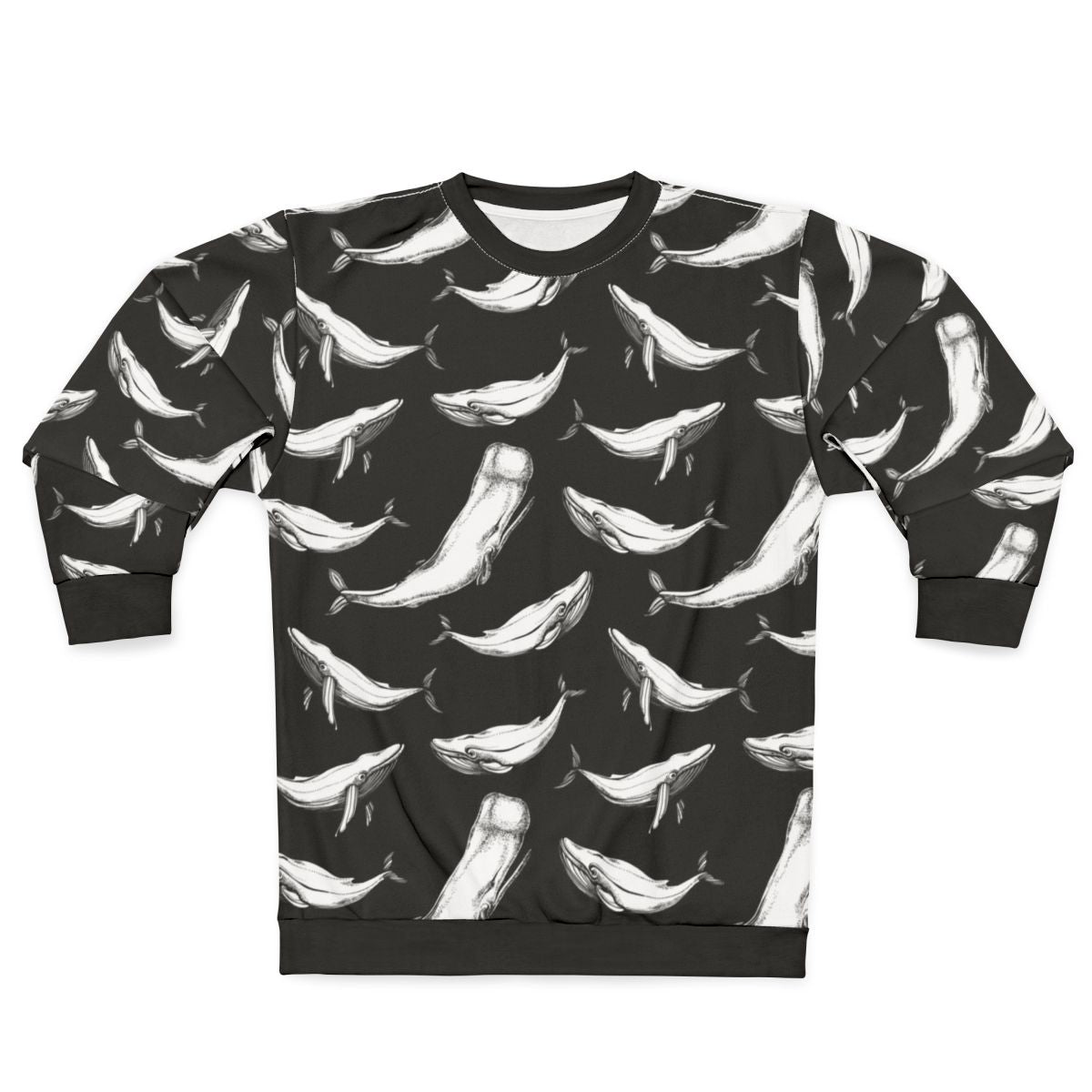 Whales in Black Sweatshirt - Seamless Whale Pattern Graphic Apparel