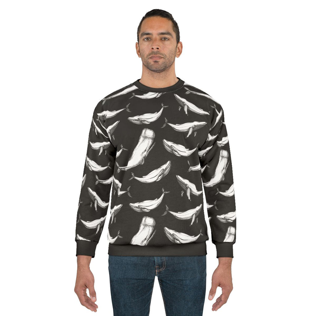 Whales in Black Sweatshirt - Seamless Whale Pattern Graphic Apparel