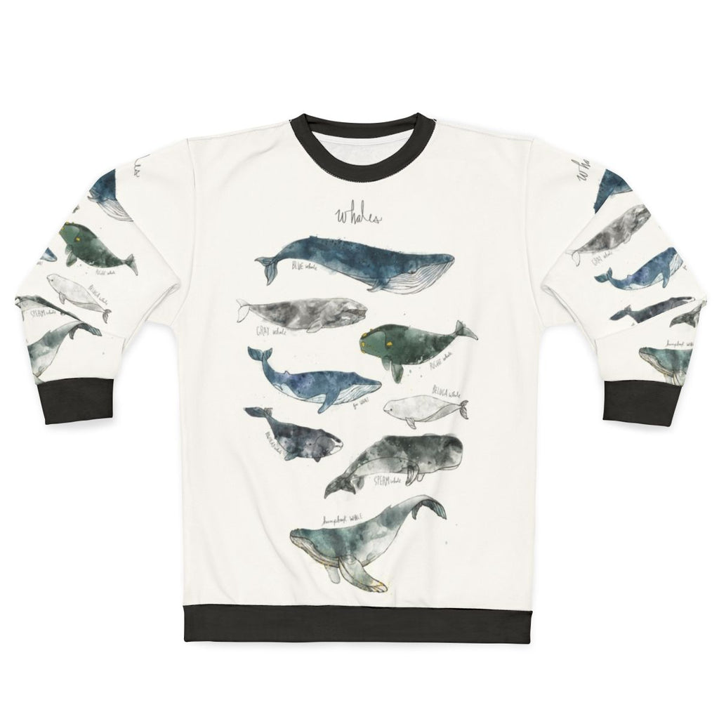Watercolor whales sweatshirt featuring humpback and beluga whale designs